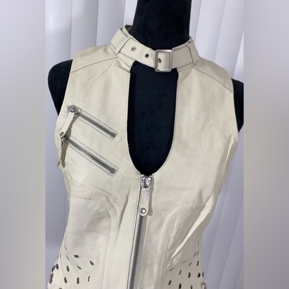 BLANC NOIR Sample Peek A Boo Leather Studded Grommet Vest Pockets Bone White S - Picture 9 of 13